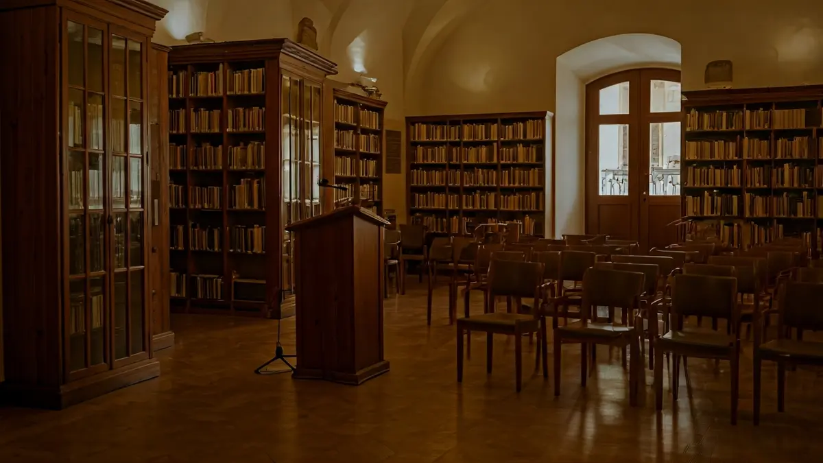 Imatge genèrica d'una biblioteca amb prestatgeries de fusta i un faristol amb micròfon, amb una il·luminació càlida.