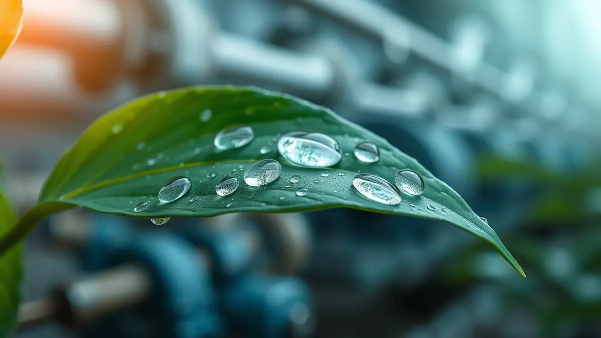 Imagen genérica de gotas de agua sobre una hoja verde, con tuberías industriales al fondo, simbolizando la depuración sostenible del agua.