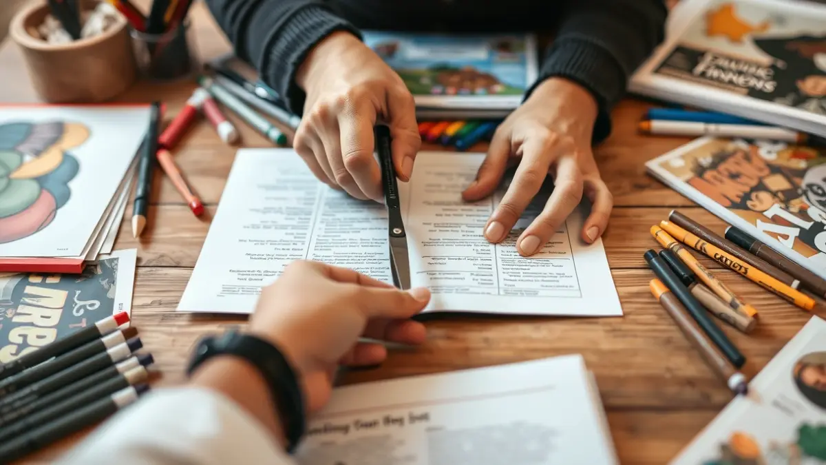 Imagen genérica de manos cortando papel para crear un fanzine, con materiales artísticos alrededor.