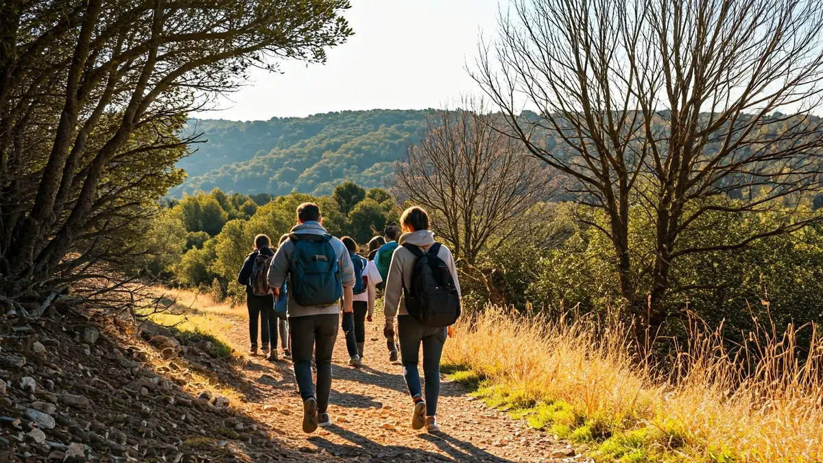 Generic image of young people hiking on a rural trail in a Mediterranean landscape.