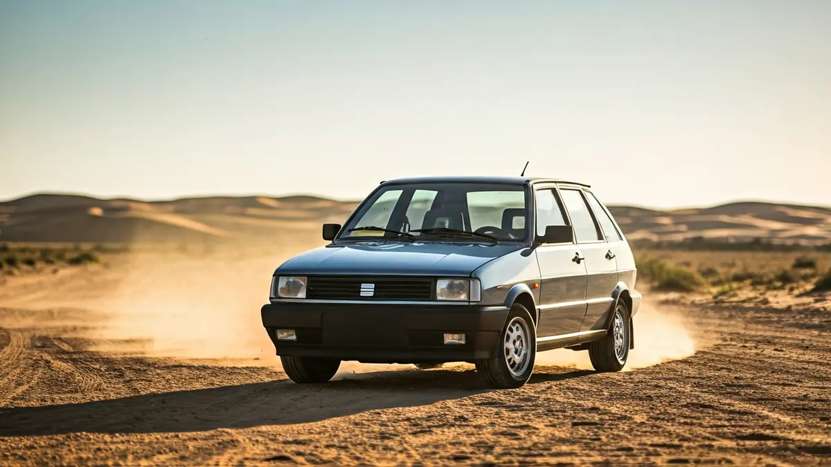 Imatge d'un Seat Marbella de 1994 en un paisatge desèrtic, simbolitzant l'aventura solidària.
