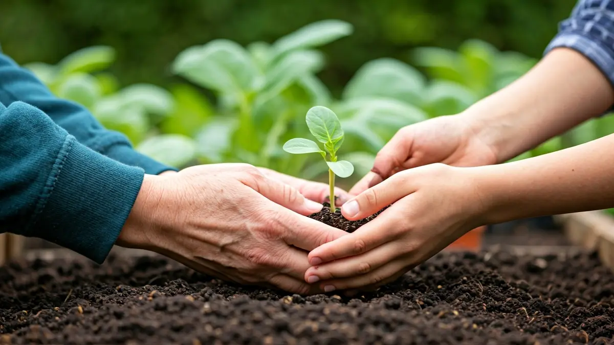 Imatge genèrica de mans de diferents generacions treballant juntes en un hort.