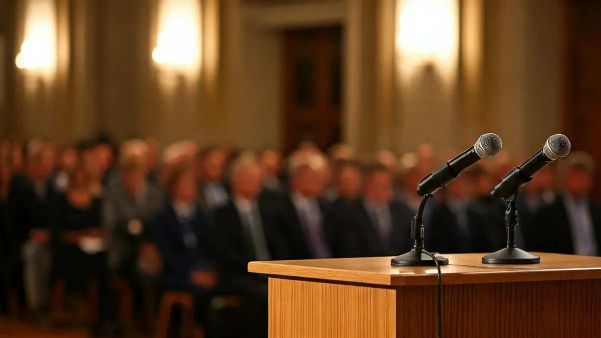 Imatge genèrica d'un podi amb micròfons en un acte institucional.
