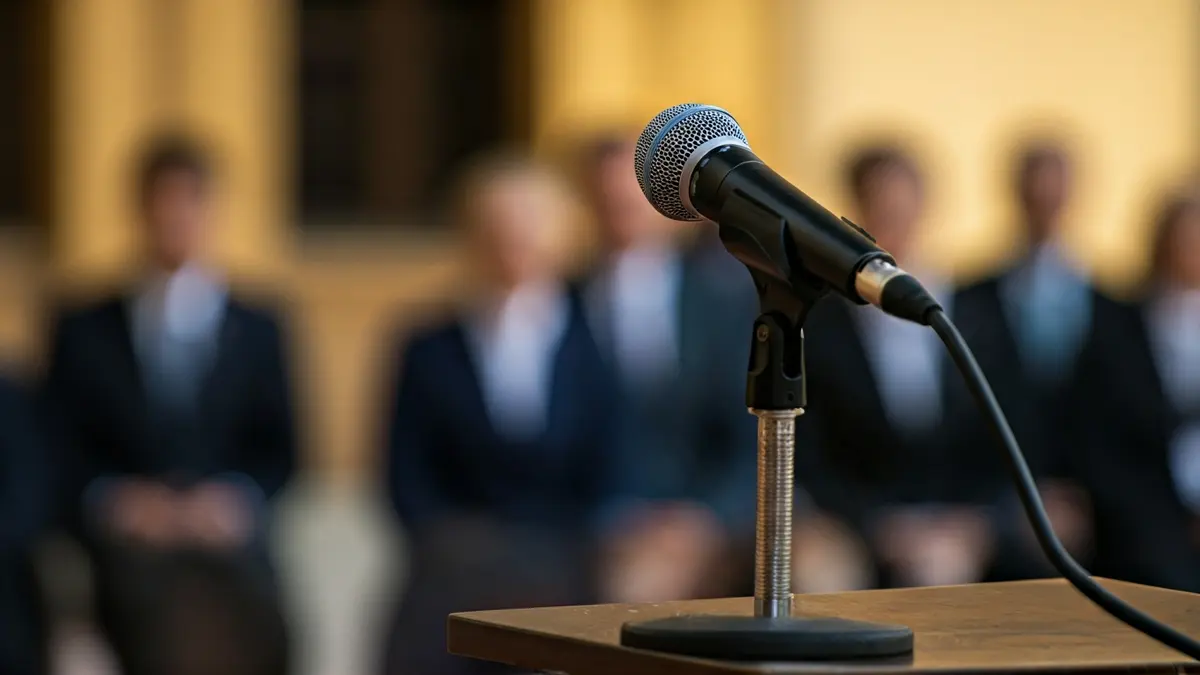 Imatge genèrica d'un micròfon en un faristol, amb figures borroses al fons, suggerint un acte acadèmic o oficial.