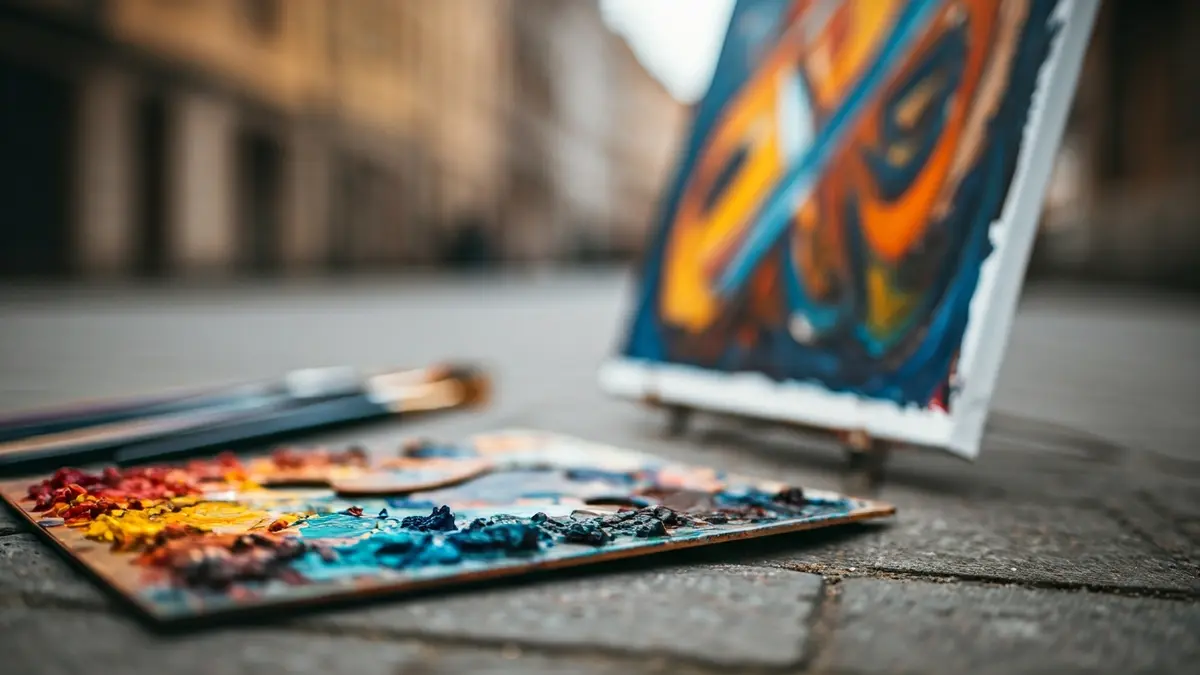 Generic image of a painter's palette with vibrant colors and brushes, next to a canvas with an abstract painting in progress.