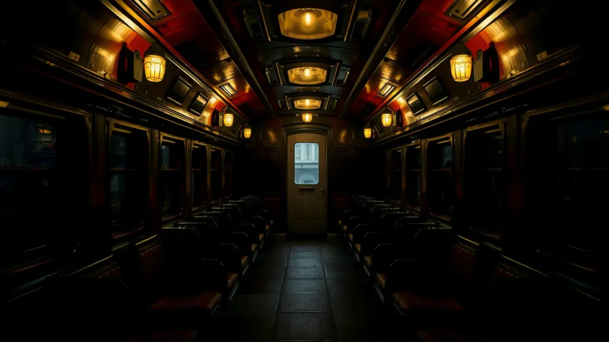 Imatge d'un interior de vagó de tren antic, amb una atmosfera de misteri i suspens.