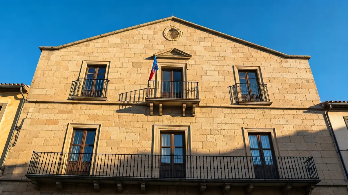 Façana de l'ajuntament de Faura amb balcó i baranes de ferro, banyada per la llum del sol de la vesprada.