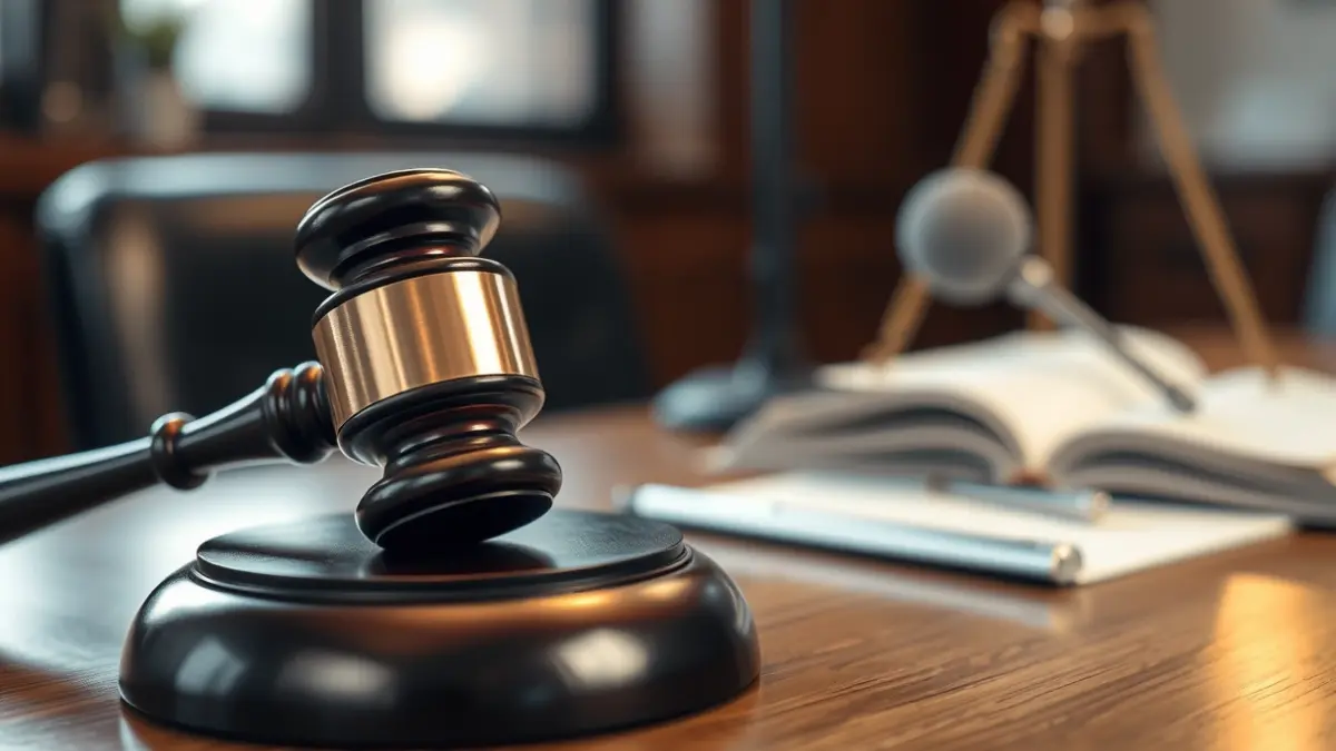 Generic image of a judge's gavel on a wooden desk, with blurred legal documents in the background.