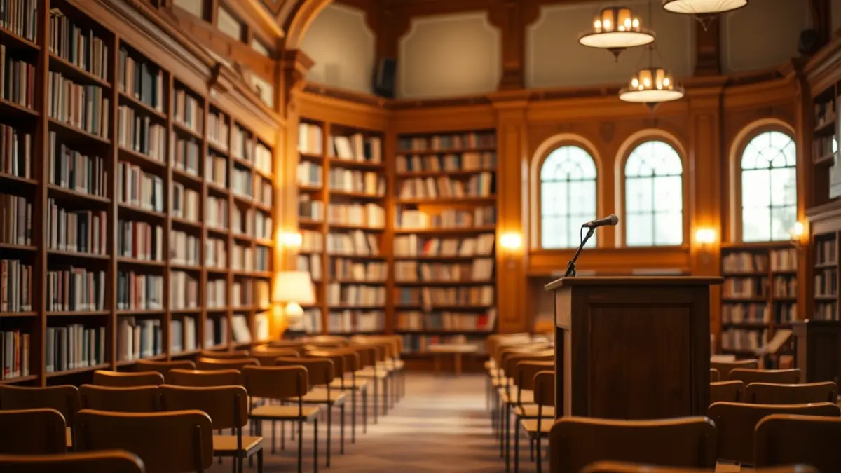 Generic image of a library interior with wooden bookshelves and a microphone on a podium.