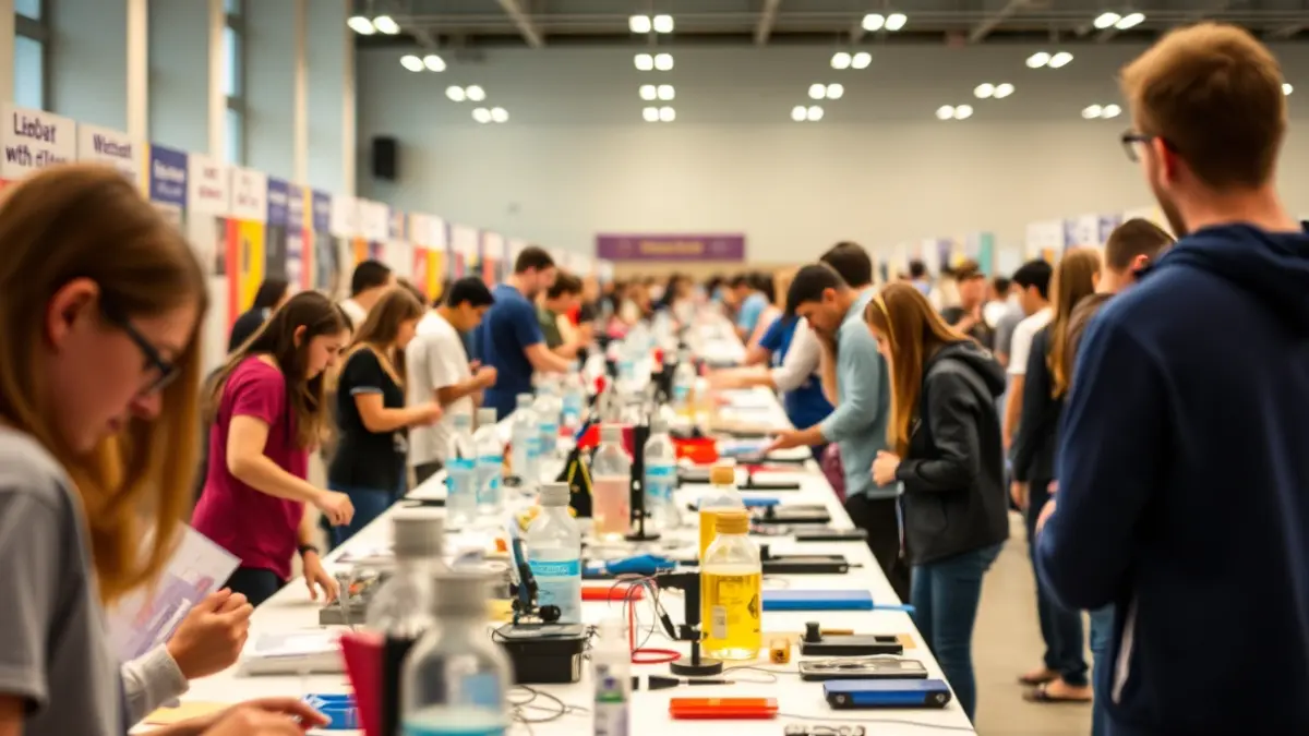 Imatge genèrica d'una fira de ciència amb projectes experimentals i gent interactuant.