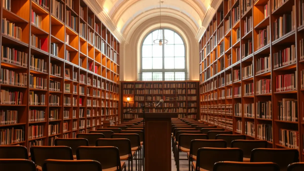Imatge genèrica d'un interior de biblioteca amb prestatgeries de fusta i un podi amb micròfon, amb una il·luminació càlida.