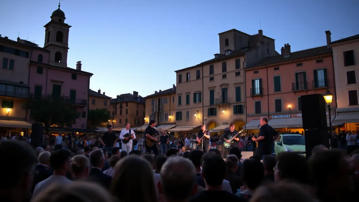 Image of a rock band performing on an outdoor square at dusk.