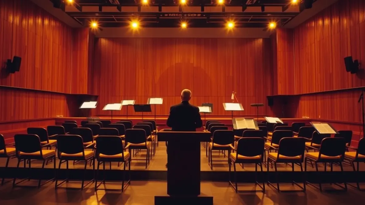 Generic image of an empty stage with chairs and music stands, illuminated by warm spotlights, before a concert.