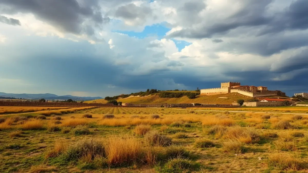 Imagen de un campo de batalla histórico, con un cielo dramático y una fortaleza lejana, evocando la Batalla de Almansa.