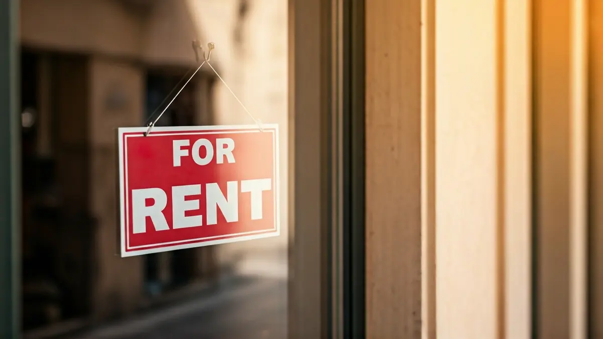 Imatge d'un cartell de 'Es lloga' en la façana d'un comerç tancat en una ciutat mediterrània.