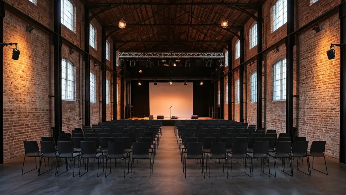 Imatge de l'interior de la factoria cultural La Campaneta a Onda, amb un escenari i cadires.