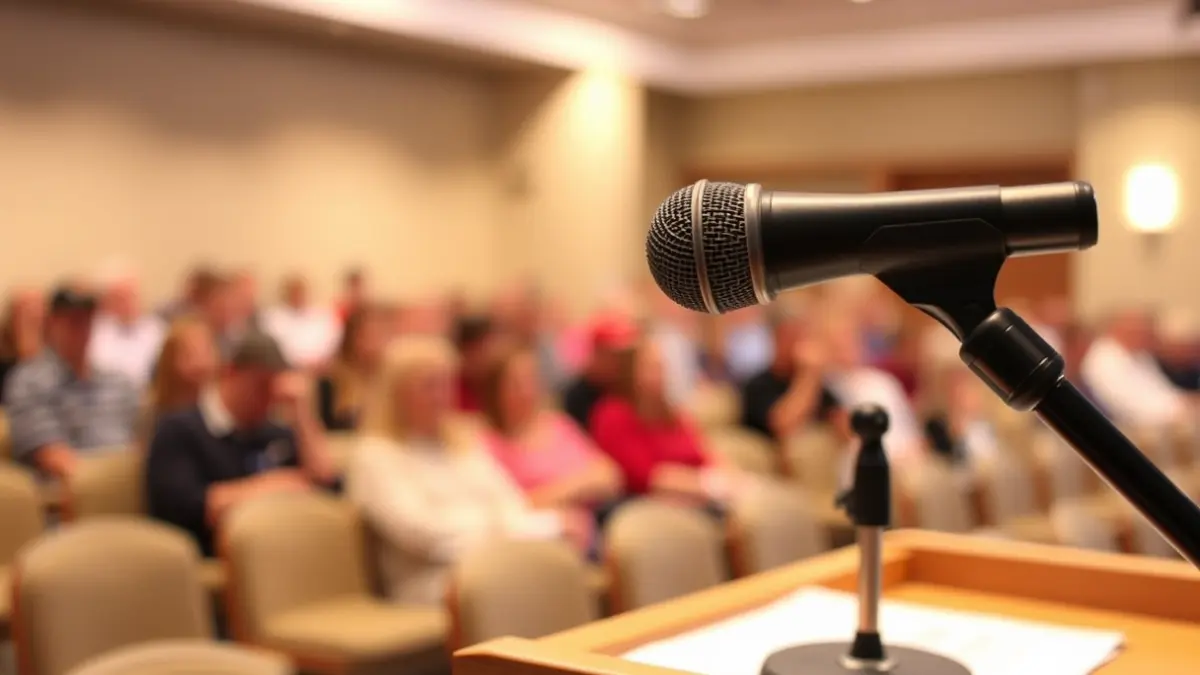 Generic image of a microphone on a podium during a town hall meeting, with blurred people in the background.