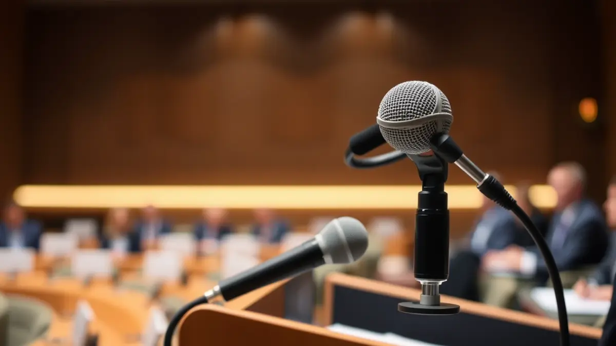 Imatge genèrica d'un micròfon en un faristol, representant un anunci públic o debat.