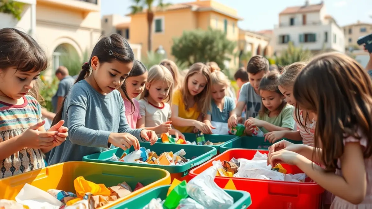 Imatge genèrica de xiquets i famílies participant en un esdeveniment de reciclatge comunitari, separant residus en contenidors de colors, amb un fons urbà mediterrani.