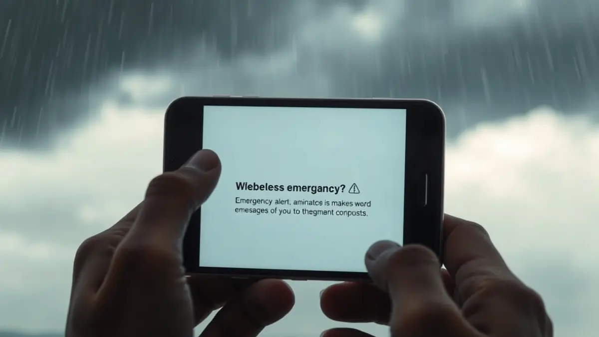 Generic image of a mobile phone displaying an emergency alert against a stormy background.