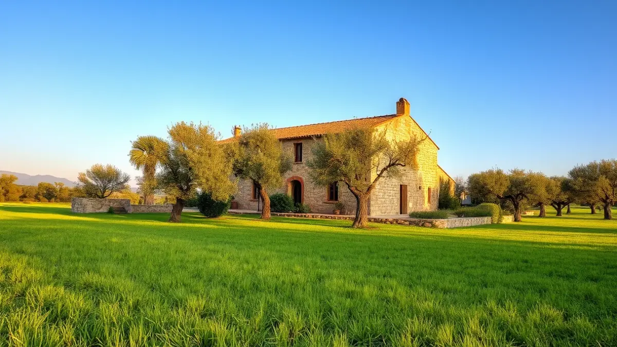 Imatge d'una masia tradicional en l'Alt Maestrat, envoltada de camps verds.