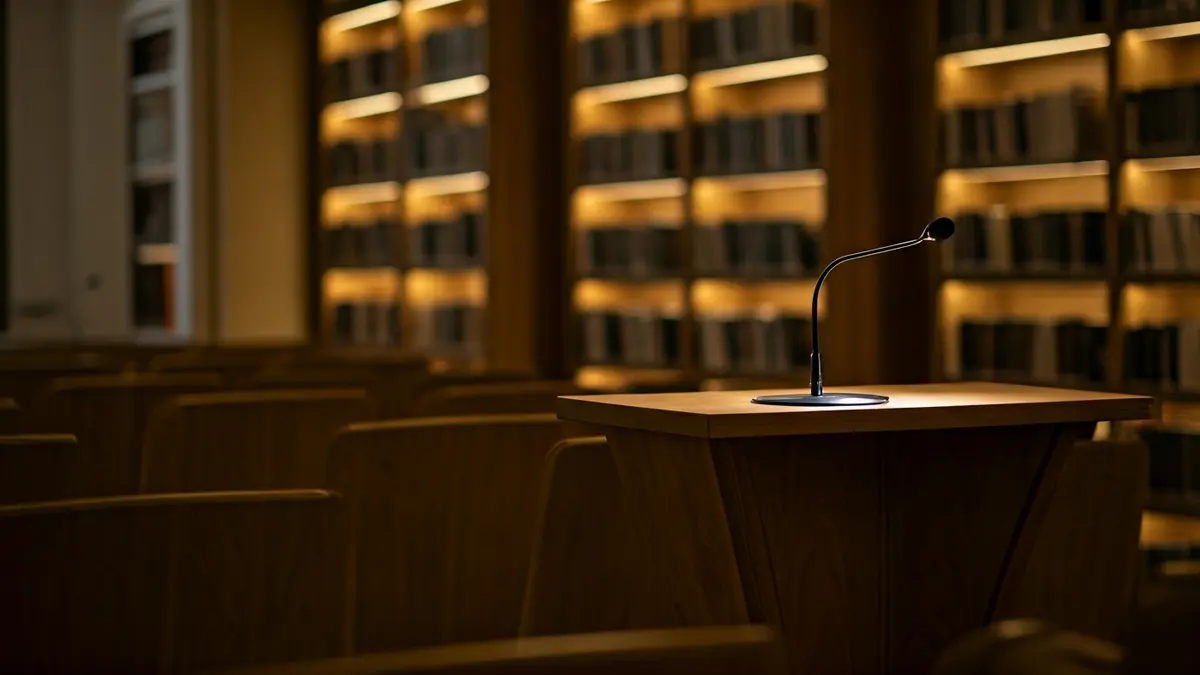 Generic image of a presentation room or library with a podium and empty chairs.