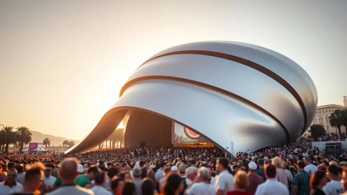Imatge de la Ciutat de les Arts i les Ciències de València amb gent assistint a un esdeveniment cultural.