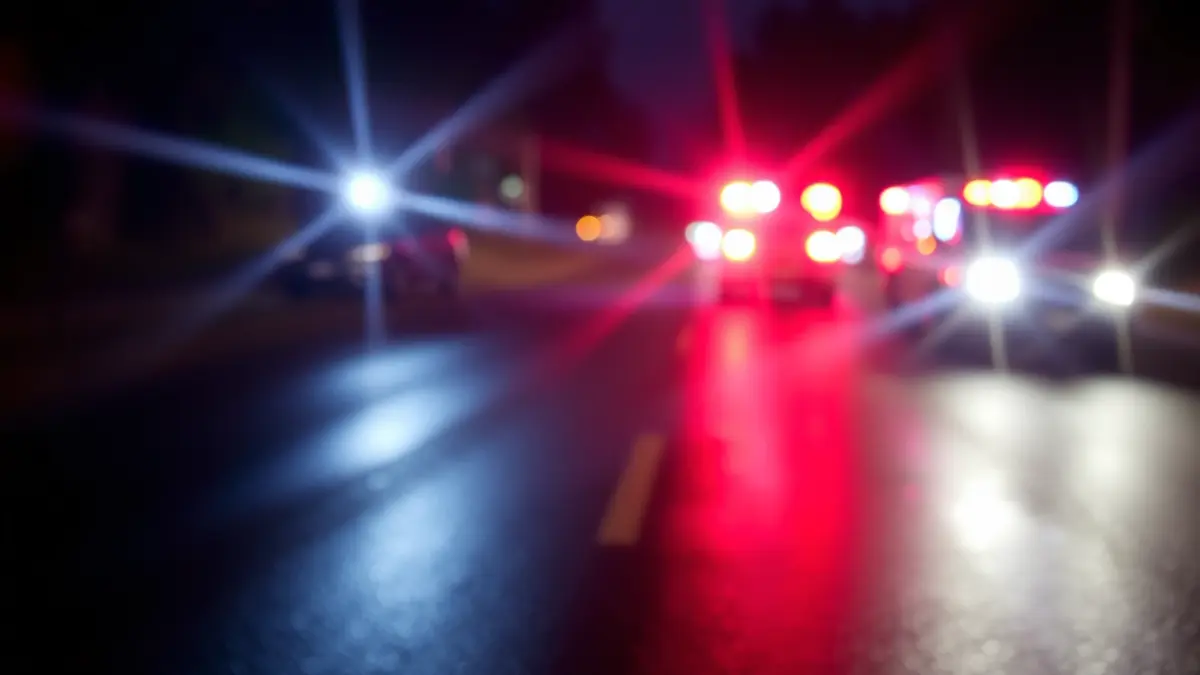 Imatge genèrica de llums d'emergència reflectint-se en asfalt banyat de nit, suggerint una escena d'emergència o desastre.