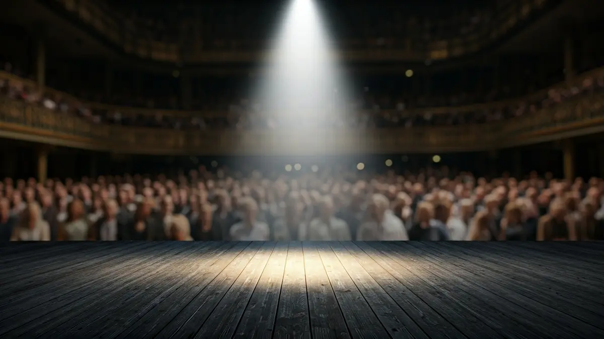 Imatge d'un escenari amb un focus central i un terra de fusta amb textures de terra i cendra, suggerint una foguera.