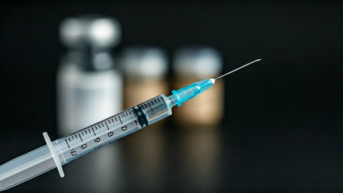 Generic image of a medical syringe with a blurred vaccine vial in the background, representing vaccination.