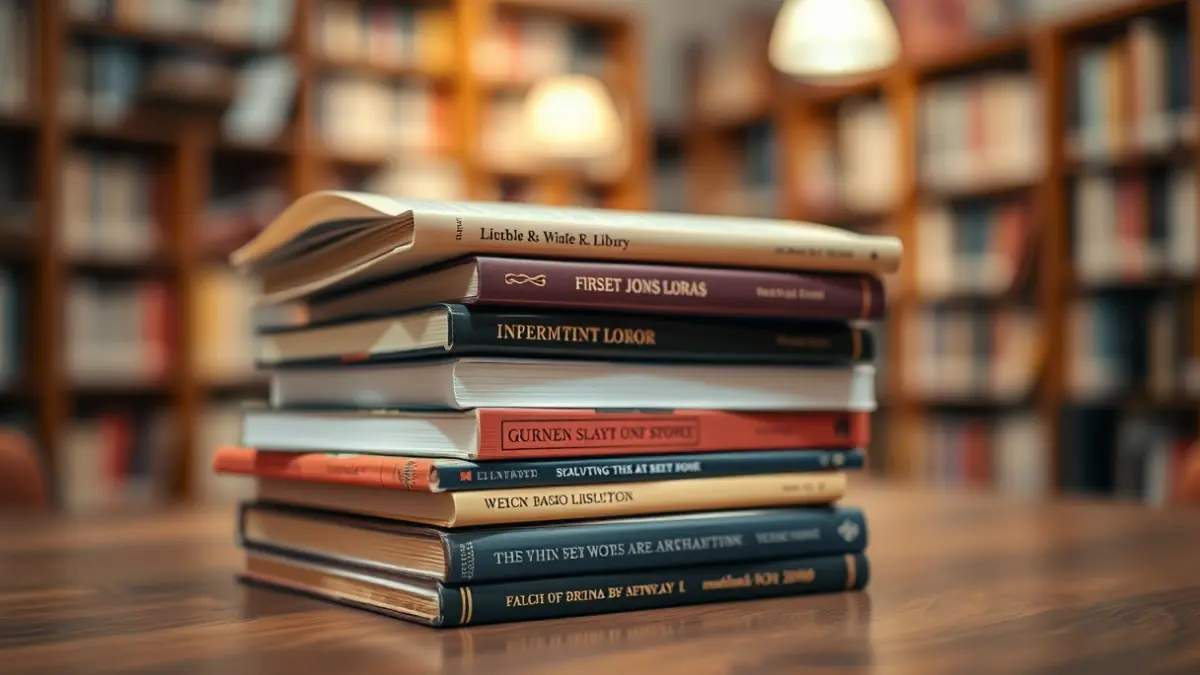 Generic image of books stacked on a table, with blurred library shelves in the background, in a warm reading atmosphere.