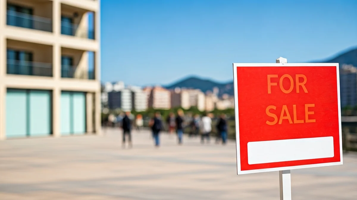 Imatge genèrica d'un cartell de 'es ven' en un edifici d'apartaments.