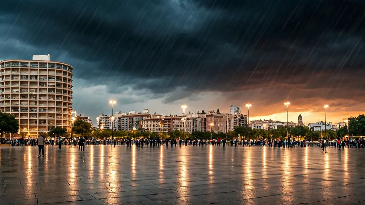 Imagen de una ciudad bajo una tormenta con lluvia y polvo sahariano.