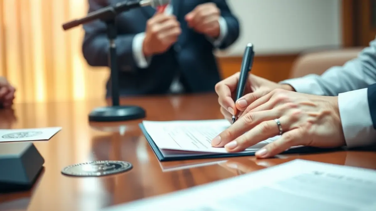 Generic image of hands signing a document on a wooden table, with blurred official seals and a microphone in the background.