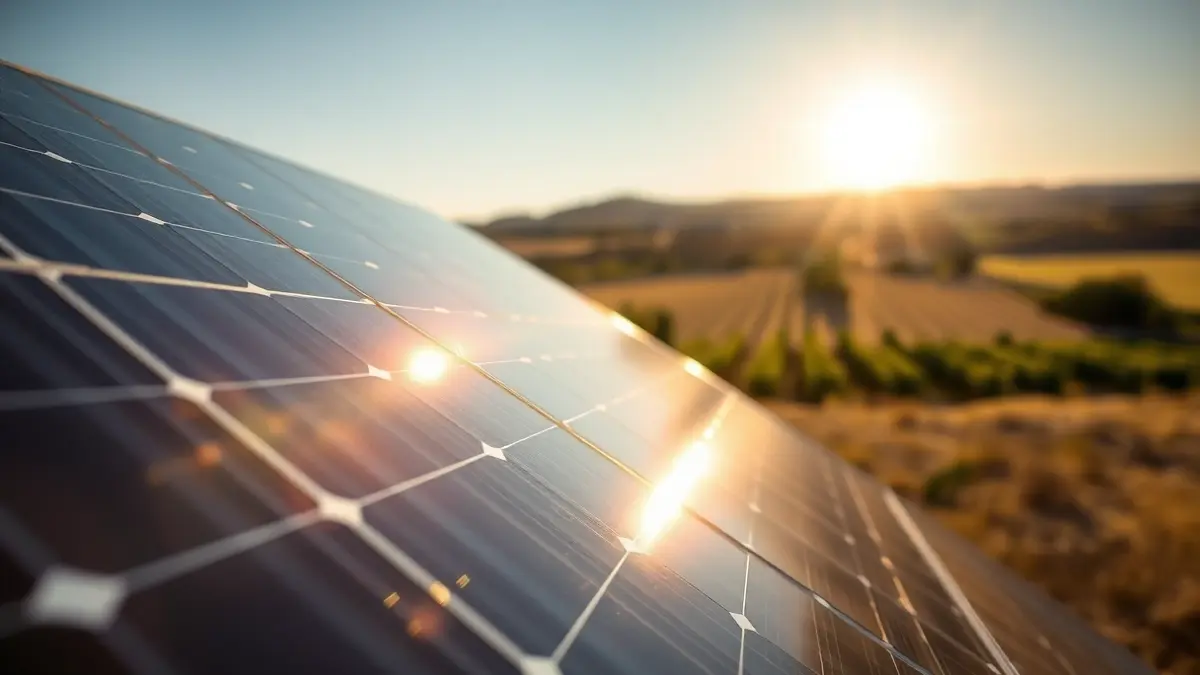 Generic image of solar panels in a field, reflecting sunlight.