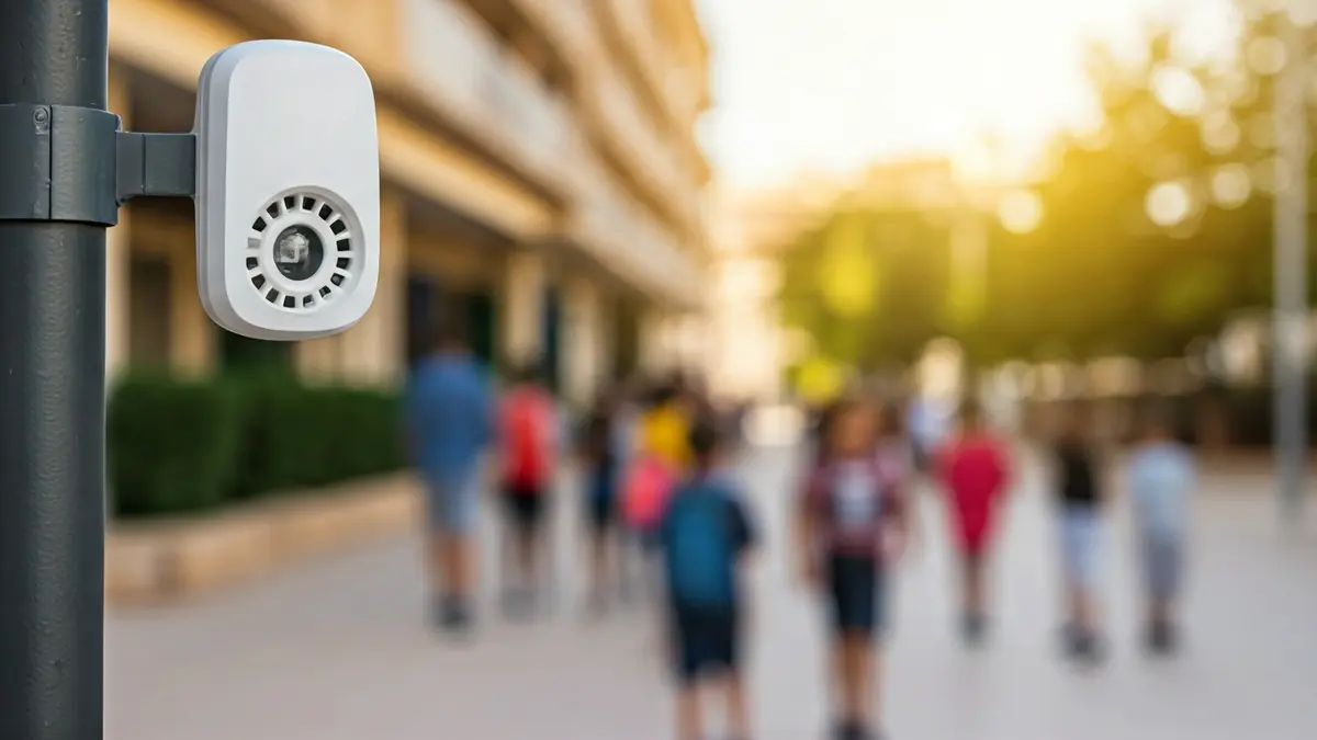 Imatge d'un sensor de qualitat de l'aire prop d'una escola en una ciutat mediterrània.