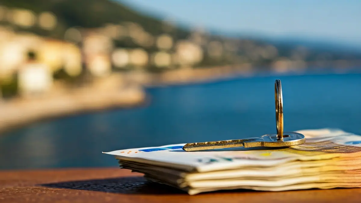 Imatge genèrica d'una clau de casa sobre bitllets d'euro, amb un fons difuminat d'una ciutat costanera mediterrània.