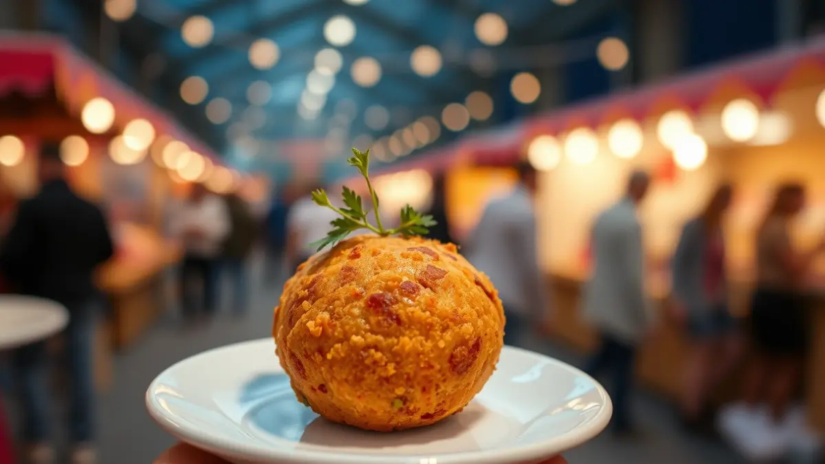 Imatge genèrica d'una croqueta daurada en un plat blanc, amb un fons desenfocat d'un festival gastronòmic.