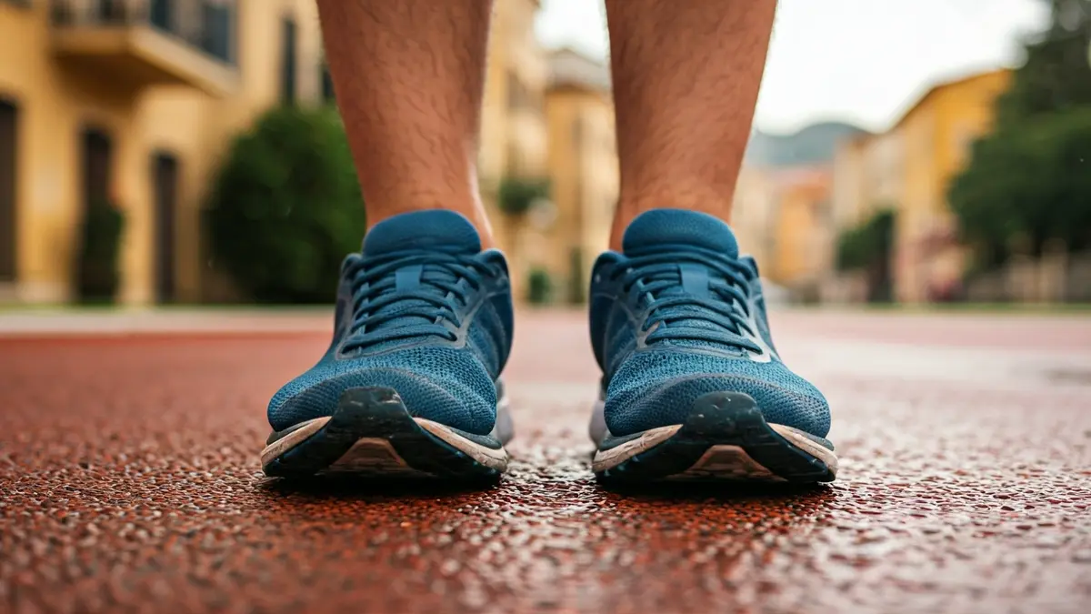 Imagen genérica de zapatillas de correr sobre asfalto mojado, simbolizando el aplazamiento de una carrera.