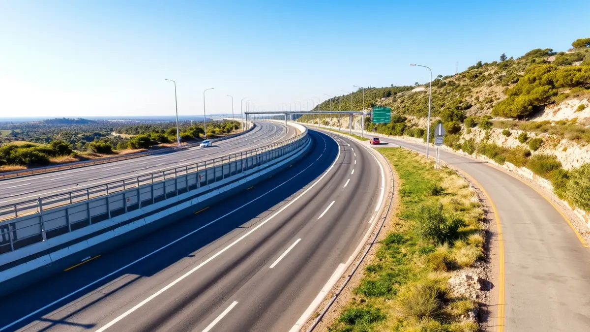 Generic image of a dual carriageway with a bike lane and Mediterranean vegetation.