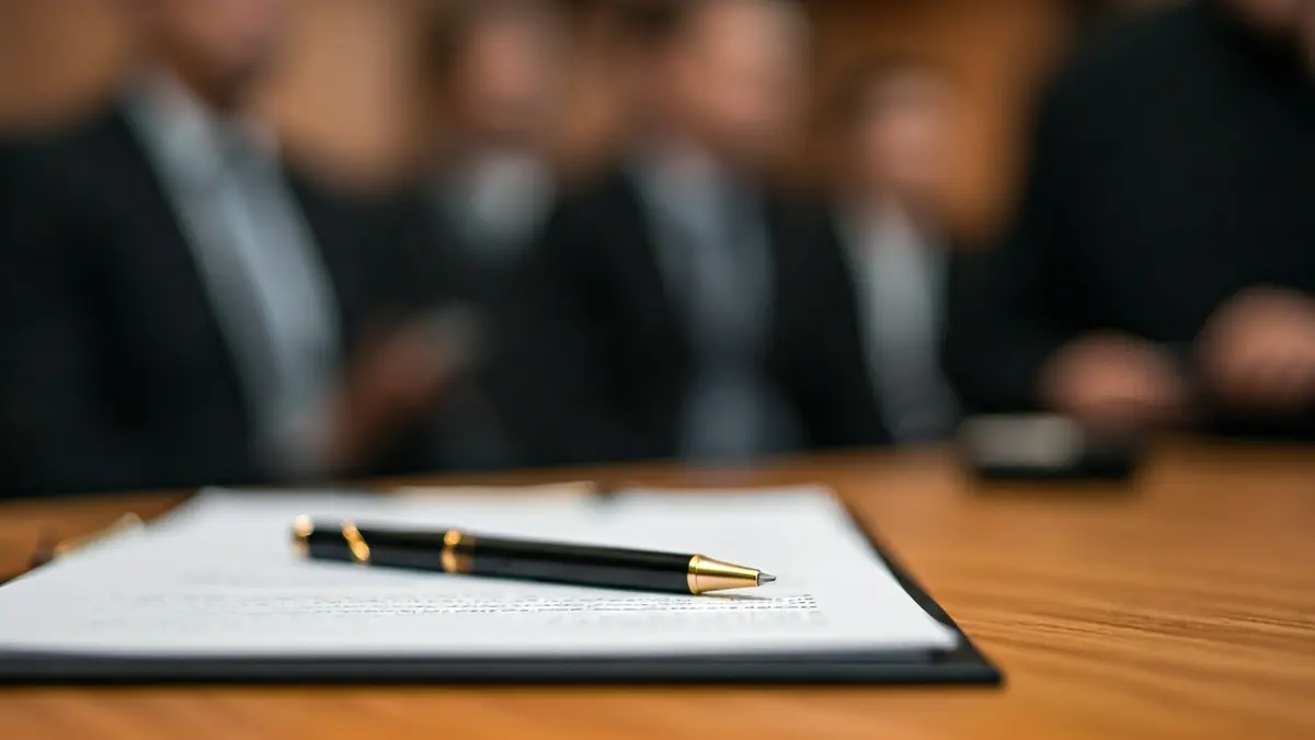 Imatge genèrica d'un document legal amb notes manuscrites i un bolígraf, sobre un escritori de fusta.