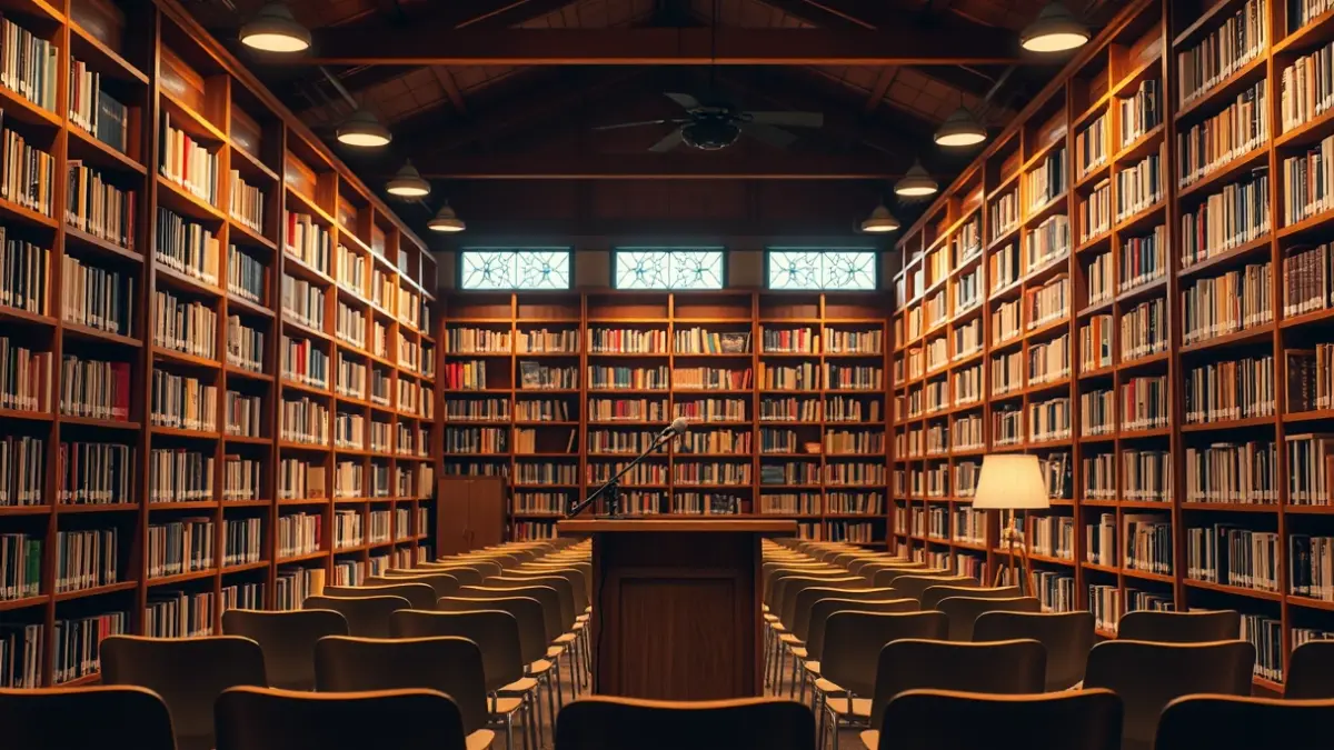 Imatge genèrica d'una biblioteca amb prestatgeries de fusta i un faristol, amb una atmosfera càlida de lectura.