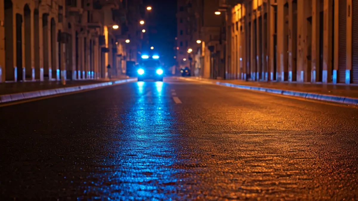 Generic image of emergency lights reflecting on wet asphalt at night, no vehicles visible.
