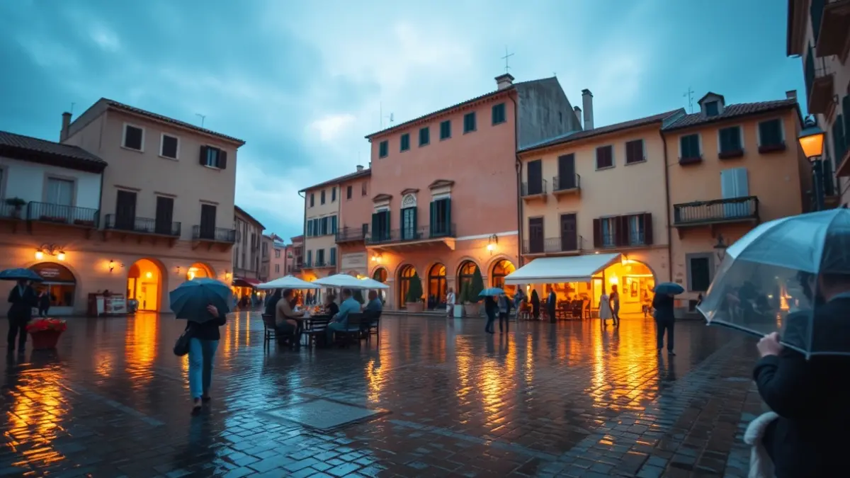 Imatge de la diana dels Moros i Cristians d'Alcoi, amb festers desfilant baix la pluja a l'alba.