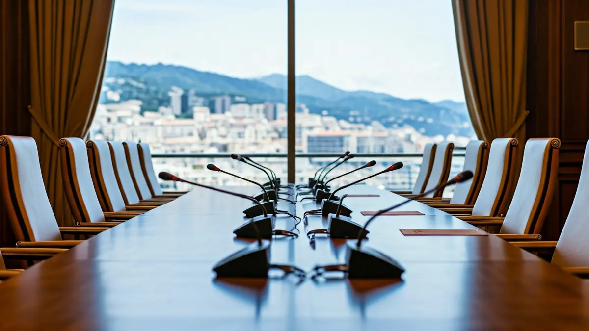 Generic image of a meeting room with a long table and empty chairs, with a blurred urban background.