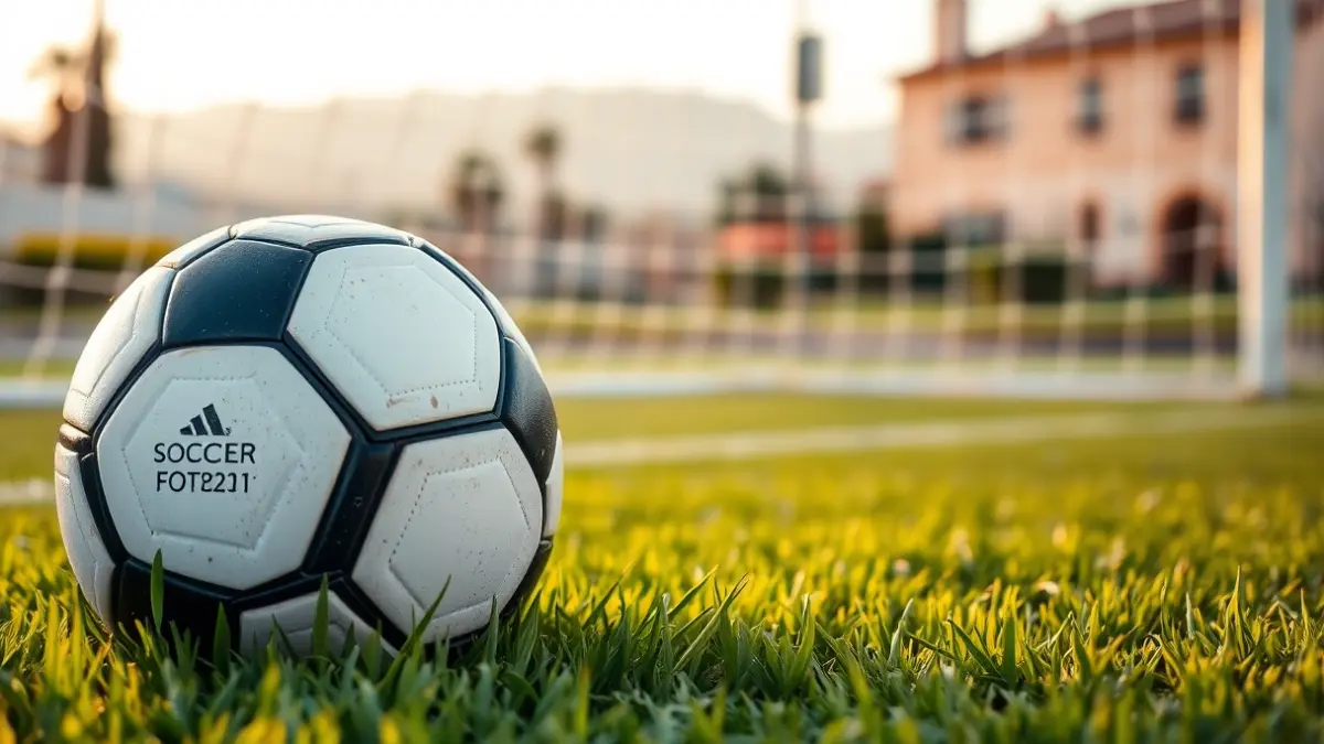 Imagen genérica de un balón de fútbol en el césped, con una portería desenfocada al fondo.