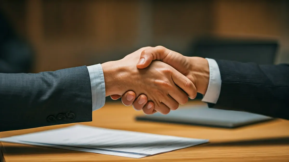 Imatge genèrica d'un acord o inversió, amb dos mans encaixant sobre un escrit.