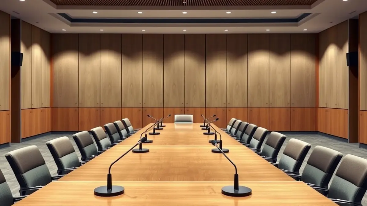 Imagen genérica de una sala de reuniones con una mesa larga y micrófonos, sugiriendo una comisión oficial.
