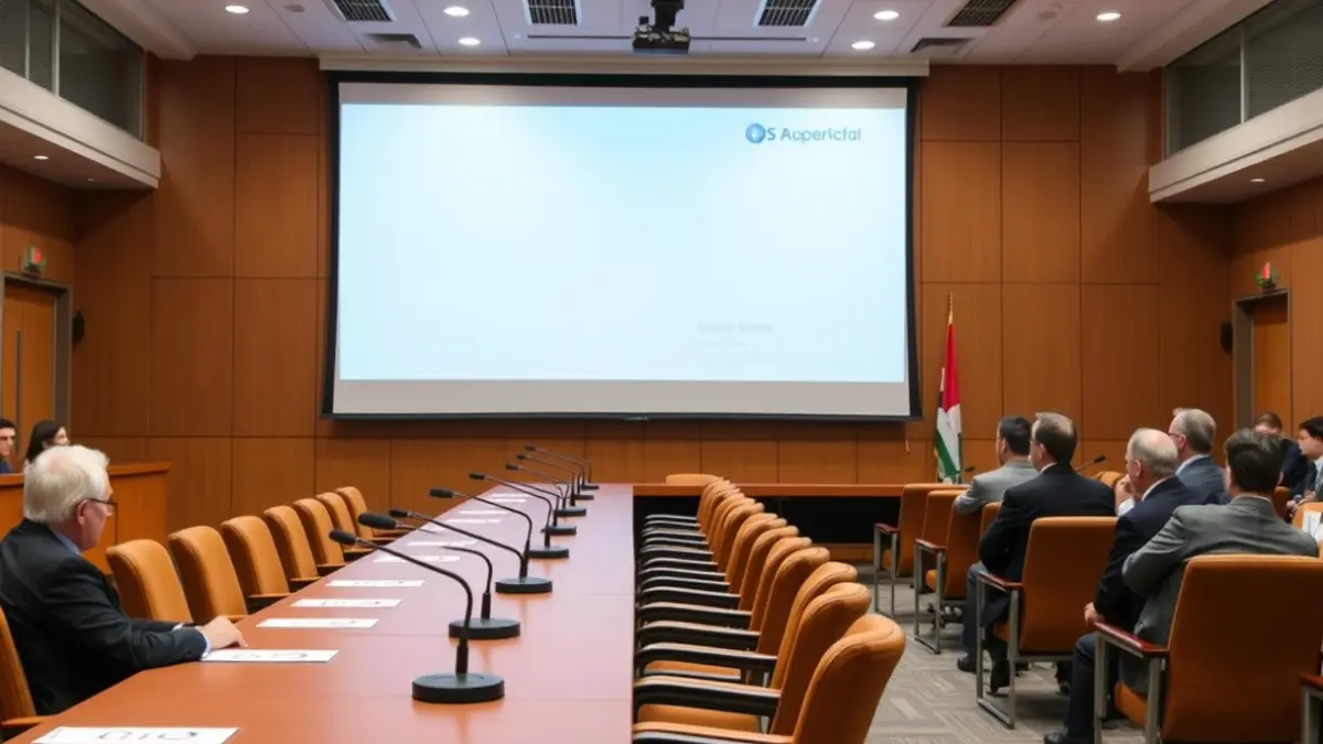 Generic image of a conference room with a long table and chairs, with microphones, representing a municipal summit or meeting.