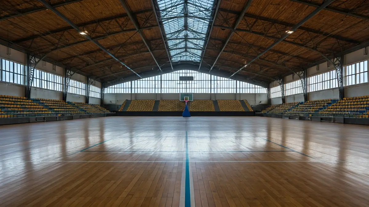 Imatge de l'interior d'un poliesportiu amb una pista de bàsquet i graderies buides.